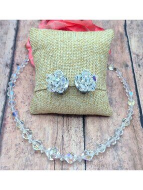 VTG AB Crystal Collar Necklace & Clip On Cluster Earrings Set Arora Borealis